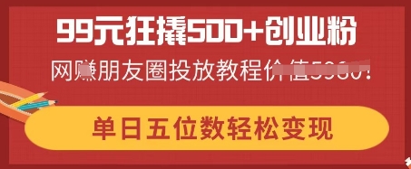 99元狂撬500+创业粉，单日五位数轻松变现，网创朋友圈投放教程-新旭资源网